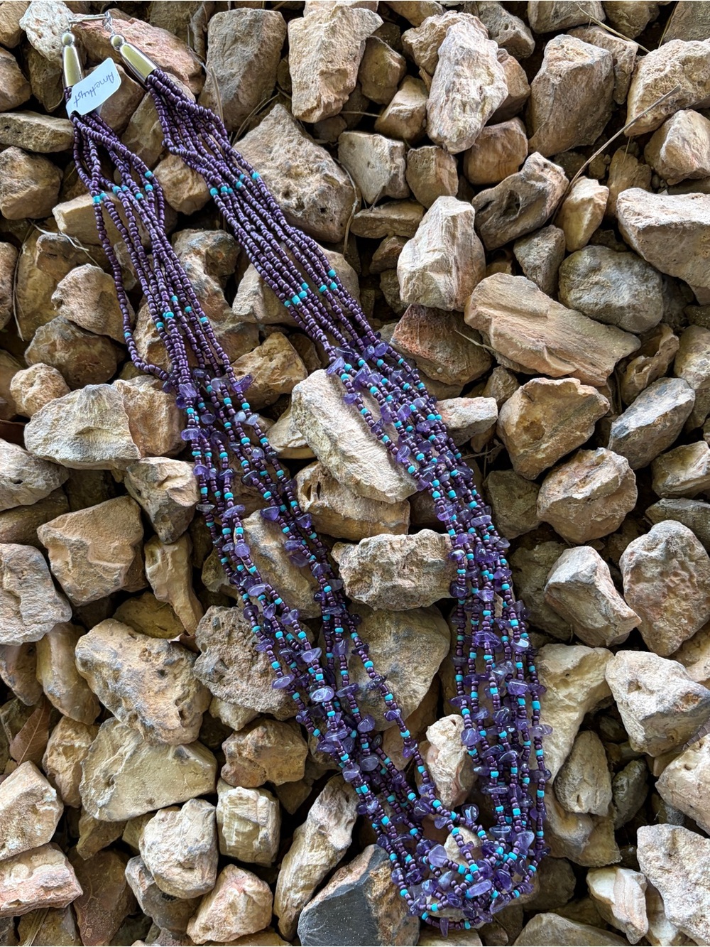 Multistrand Beaded Necklace seed beads and amethyst stones.